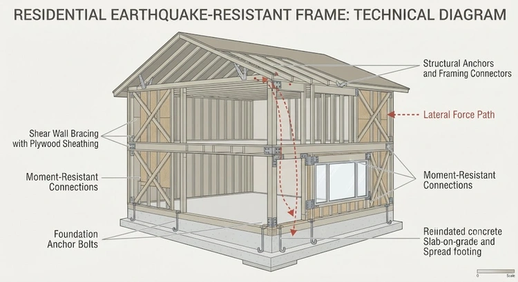 Infographic showing seismic framing requirements Bay Area checklist from anchor bolts to shear wall nailing