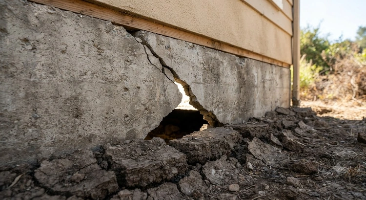 Signs of foundation problems Bay Area home showing diagonal wall crack near window corner
