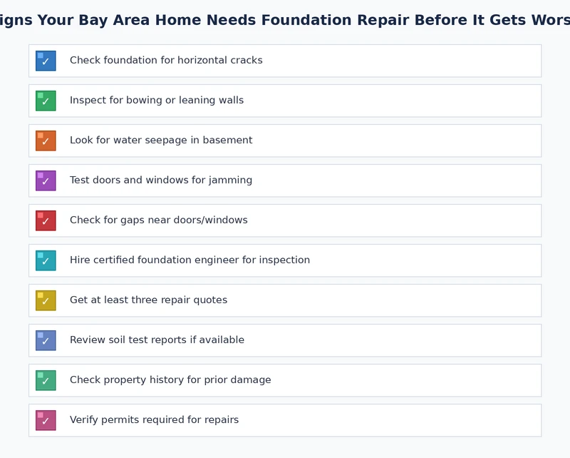 Foundation warning sign checklist for Bay Area homeowners covering cracks, drainage, and structural indicators