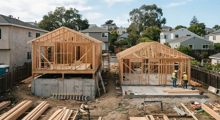Slab on grade vs raised foundation ADU construction comparison in Bay Area backyard setting