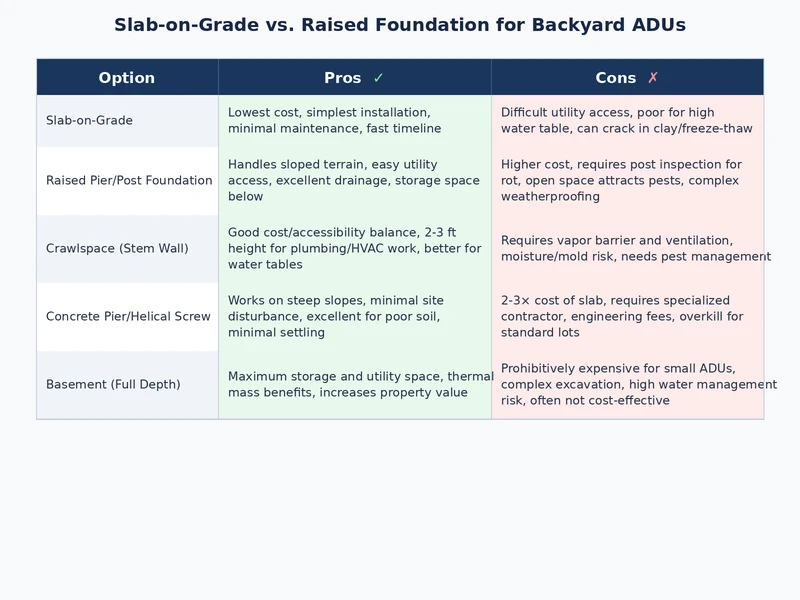 Cross-section diagram comparing slab on grade vs raised foundation ADU construction details