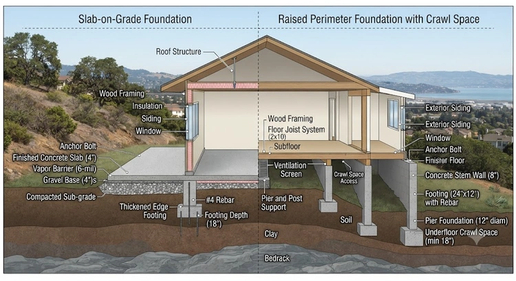 Slab on grade vs raised foundation Bay Area side-by-side construction diagram showing both foundation types
