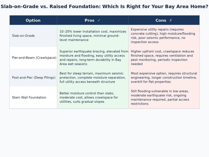 Detailed construction comparison diagram of slab on grade vs raised foundation Bay Area showing rebar, piers, plumbing, and crawl space