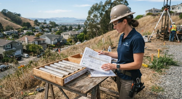 Geotechnical engineer reviewing a soil report for a Bay Area foundation project at a construction site
