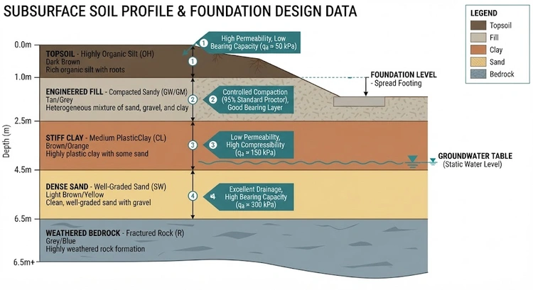 Infographic showing key sections of a soil report for foundation Bay Area engineering and what each section tells a structural engineer