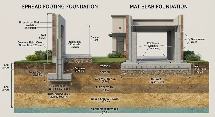 Spread footing vs mat slab commercial foundation comparison for small commercial buildings
