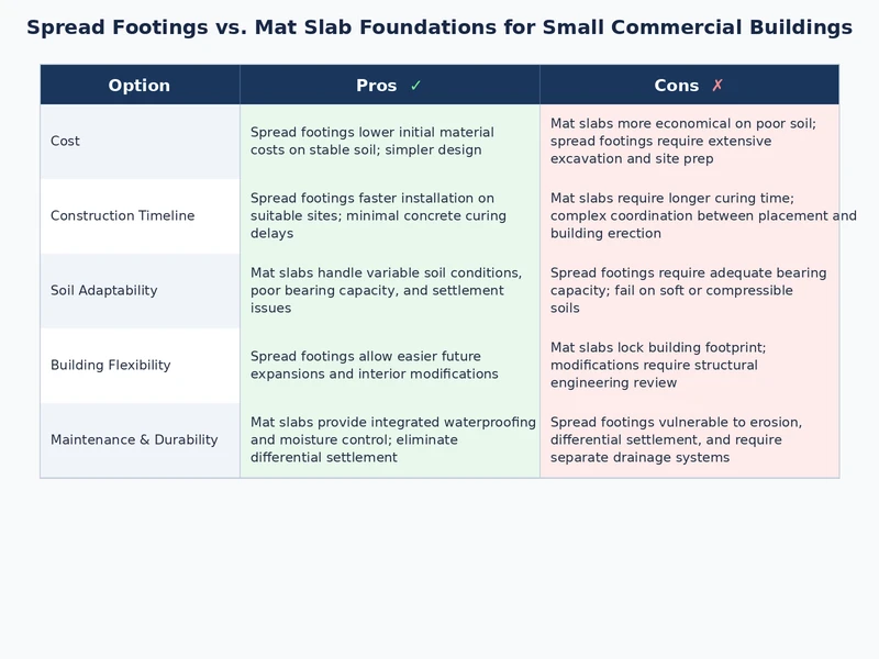 Comparison diagram showing spread footing vs mat slab commercial foundation systems side by side