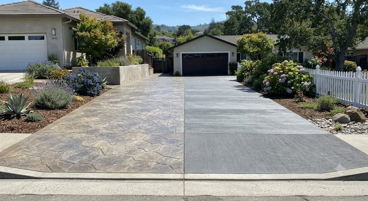 Stamped concrete vs broom finish driveway comparison on Bay Area residential property