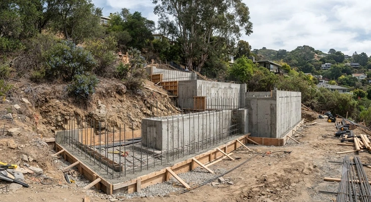 Stepped foundation for a room addition on a sloped Bay Area lot showing tiered concrete footings following grade