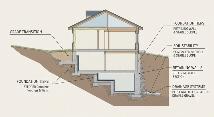 Infographic of stepped foundation design elements for a room addition on a sloped Bay Area lot