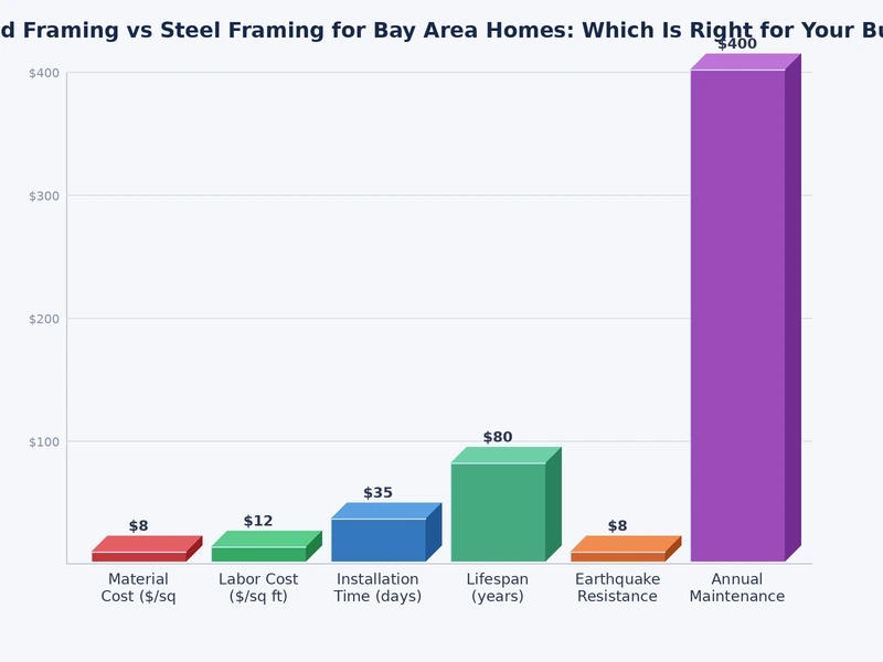 Gráfico comparativo de costo y rendimiento del enmarcado de madera vs enmarcado de acero para proyectos residenciales y ADU en el Área de la Bahía